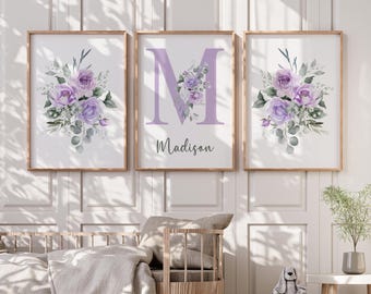 Personalized Purple Floral Baby Girls Nursery Bedroom Wall Art Decor, Custom Letter Initial Baby Name Wall Art Prints