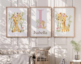 Lámina decorativa personalizada con jirafa floral para habitación infantil - Estampado de animales de la selva para niña - Láminas decorativas para la habitación de niñas