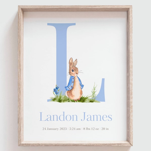 Peter Rabbit Letter Print Nursery Wall Art, Baby Birth Stat, Personalized Baby Boy Gift, Baby Boy Room Decor, Baby Boy Nursery Decor