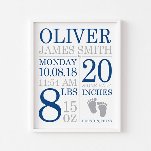Birth Stats Wall Art Blue Nursery Prints Baby Boy Gift Etsy
