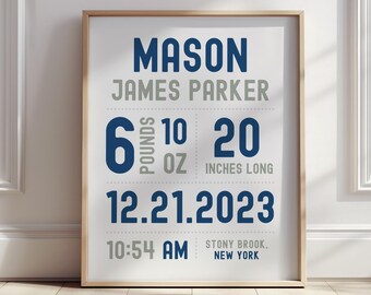 Custom Baby Birth Stat Nursery Wall Art, Personalized Baby Boy Gift, Baby Boy Room Decor, Baby Boy Nursery Decor