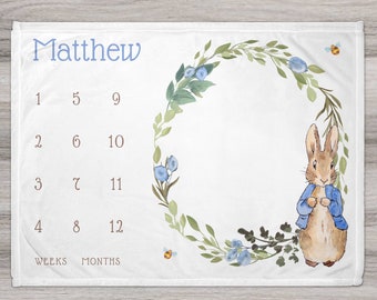 Peter Rabbit Baby Monthly Milestone Blanket, Personalized Baby Blanket, Custom Baby Blanket, Baby Name Blanket, Baby Shower Gift