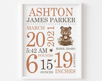 Bear Woodland Forest Animals Nursery Wall Art, Baby Birth Stat, Personalized Baby Boy Gift, Baby Boy Room Decor, Baby Boy Nursery Decor