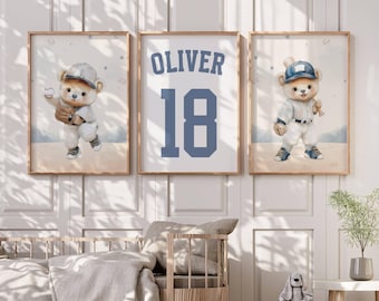 Láminas decorativas personalizadas de béisbol para la habitación de los niños - Pósters deportivos para niños pequeños - Juego de 3 láminas