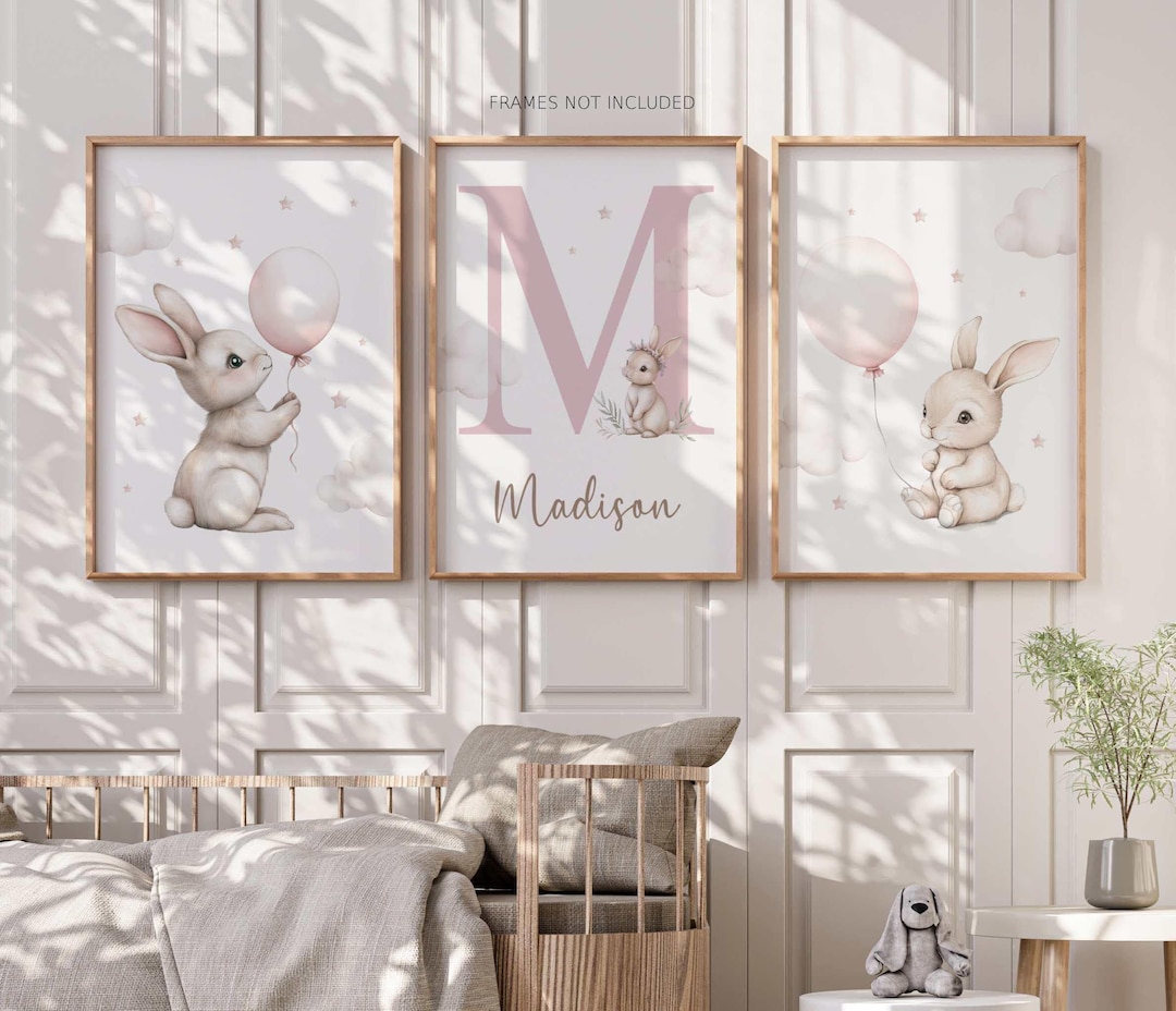 Pastel Pink Floral Bunny Rabbit Wall Art Prints, Personalized Baby Girl ...