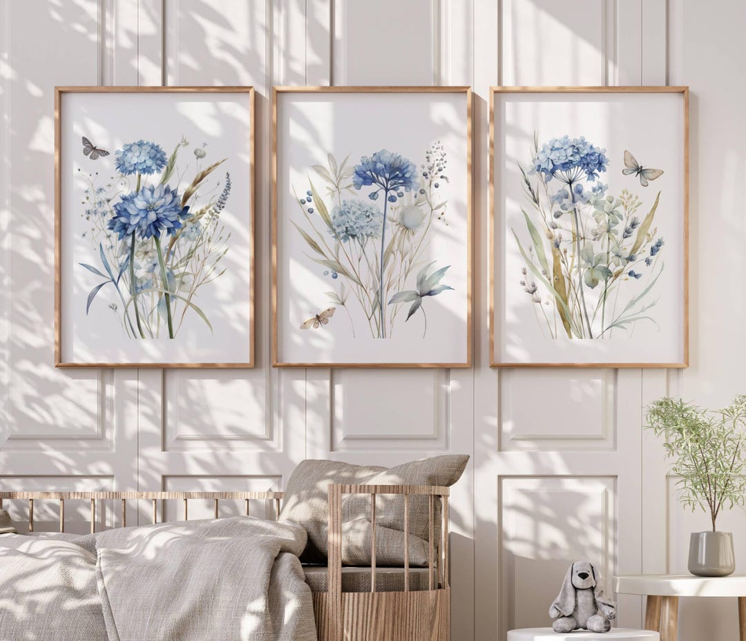 Blue Wildflower Floral Nursery Wall Art Print Set, Baby Girl Floral ...