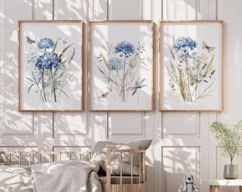 Conjunto de láminas decorativas florales azules para habitación infantil, decoración floral para habitación de bebé niña, arte de pared floral para dormitorio de niña