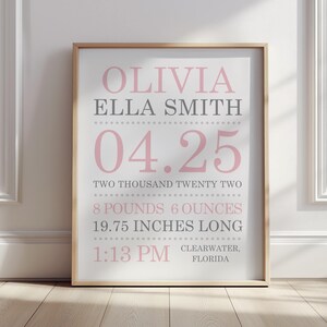 Personalized Baby Birth Stats Nursery Wall Art -  Baby Girl Nursery Print - Girls Bedroom Wall Decor