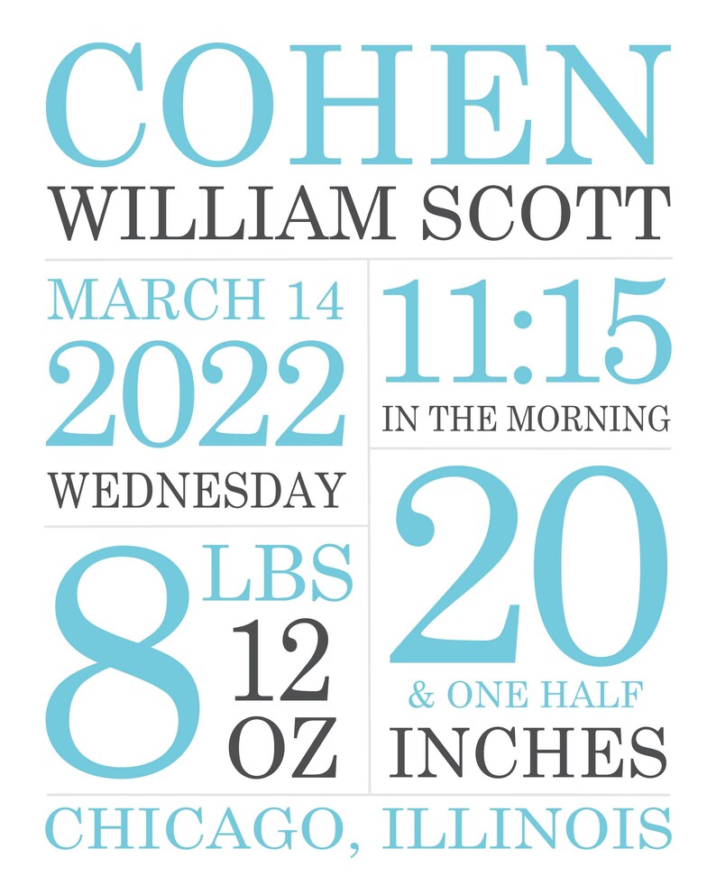 Baby Boy Birth Stats Wall Art Birth Announcement Nursery Print Etsy