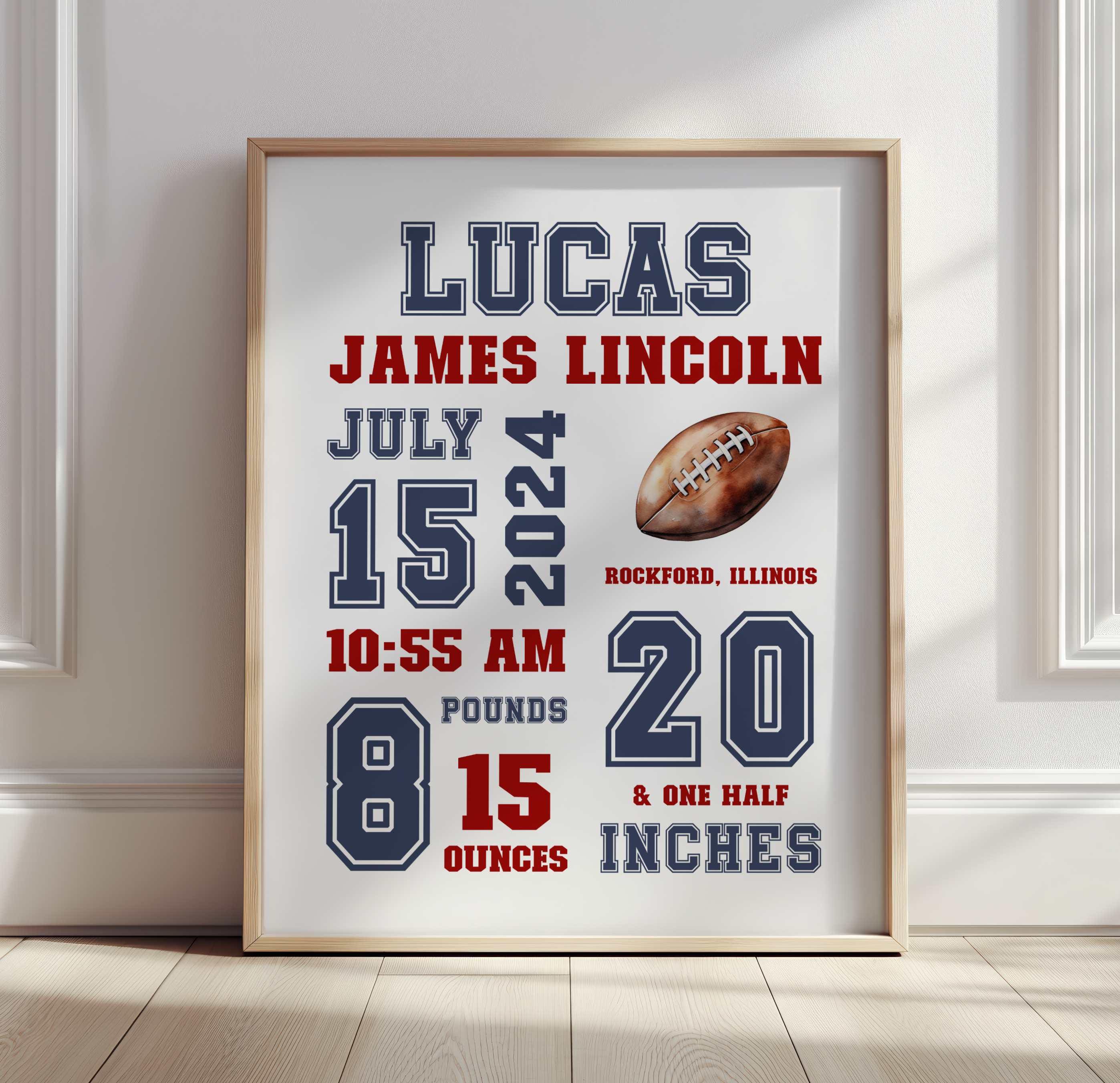 Football Sports Nursery Wall Art, Baby Birth Stat, Baby Boy Room Decor, Nursery Decor, Boys Sports Bedroom Wall Art Print