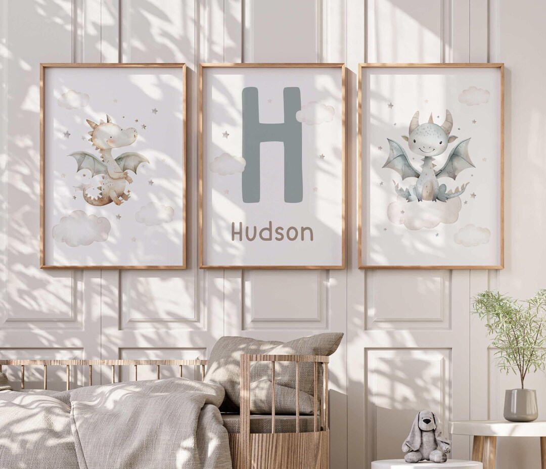 Personalized Baby Dragon Nursery Wall Art - Kids Room Wall Decor - Boys ...