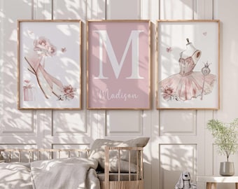 Pastel Pink Floral Ballerina Wall Art Prints, Personalized Baby Girl Nursery Decor, Girls Bedroom Wall Art, Ballet Nursery Wall Art Decor