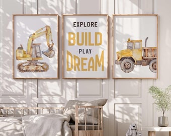 Construction Trucks Prints – Construction Nursery Decor – Boy Room Wall Art – Playroom Truck Vehicles Posters – Dump Truck, Excavator