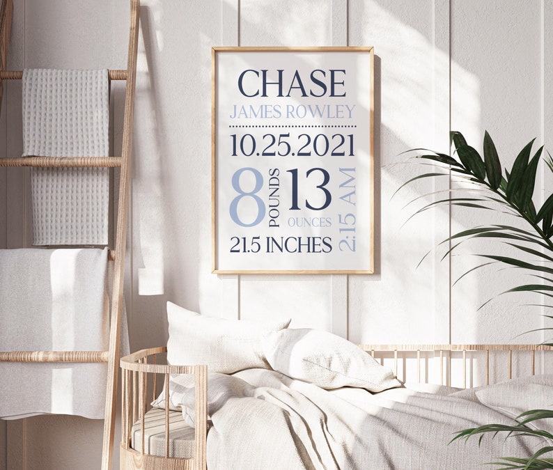Personalized Baby Birth Stats Nursery Wall Art, Baby Boy Bedroom and