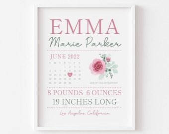 Pink Floral Nursery Baby Birth Stats Wall Art Birth Announcement Print Birth Stat Sign Personalized Baby Gift Baby Girl Nursery Decor