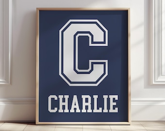 Arte de pared deportivo con nombre y letras de camiseta personalizadas para guardería, decoración de pared deportiva para niños, impresión deportiva para guardería, decoración deportiva