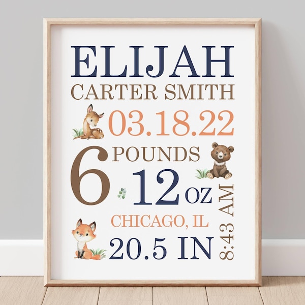 Decoración de pared personalizada para habitación infantil con temática de bosque: zorro, oso y animales del bosque - Decoración de habitación y fecha de nacimiento para bebé niño -