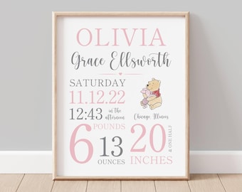 Winnie The Pooh Nursery Decor - Personalized Baby Girl Birth Stat Announcement -  Wall Art - Baby Girl Room Decor
