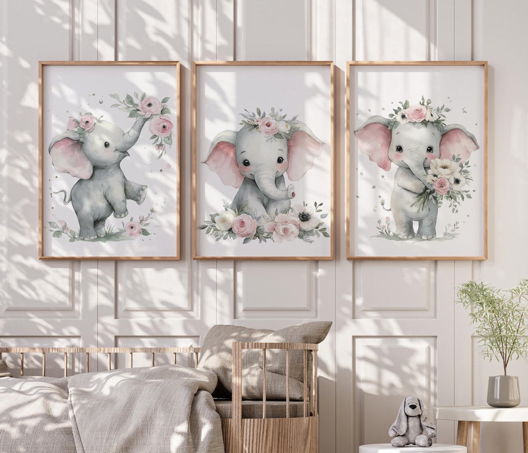 Pink Floral Elephant Jungle Safari Nursery Wall Art Prints, Baby Girl ...