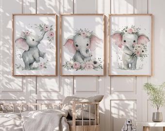 Láminas decorativas de pared para habitación infantil con diseño floral rosa de elefante y safari en la jungla, láminas para dormitorio de niña, decoración para habitación de bebé.