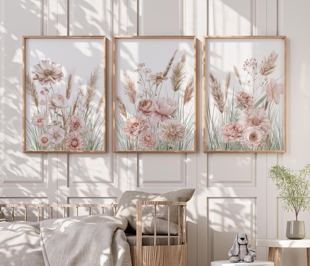 Pink Blush Wildflower Floral Nursery Wall Art Print Set, Baby Girl ...