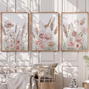 Pink Blush Wildflower Floral Nursery Wall Art Print Set, Baby Girl Floral Nursery Decor, Girls Bedroom Floral Wall Art,