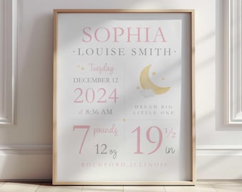 Moon and Stars Nursery Wall Art, Baby Girl Nursery Decor, Baby Birth Stat, Moon Stars Nursery Print, Birth Announcement Wall Art