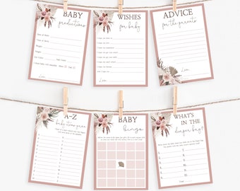 Paquete de juegos para baby shower con temática bohemia tropical y floral, deseos para el bebé, consejos para padres y predicciones - Juego de 6 juegos - Imprimible de 5x7 pulgadas