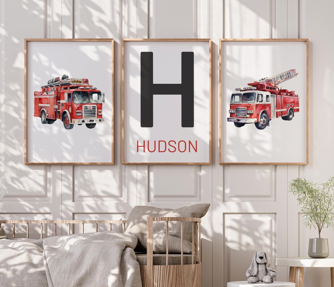 Personalized Firetruck Nursery Wall Art With Initial and Name Fire