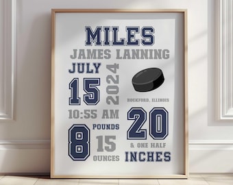 Lámina personalizada de hockey para habitación infantil - Póster con datos de nacimiento para pared - Decoración de dormitorio de hockey para niños - Pósteres deportivos para dormitorio - Habitación deportiva para niño