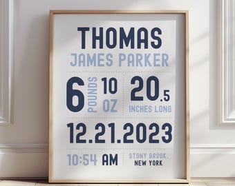 Custom Baby Birth Stat Nursery Wall Art, Personalized Baby Boy Gift, Baby Boy Room Decor, Baby Boy Nursery Decor