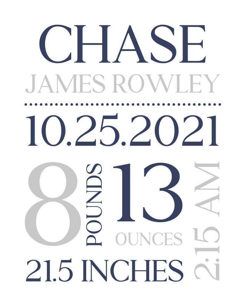 Personalized Baby Birth Stats Nursery Wall Art, Baby Boy Bedroom and