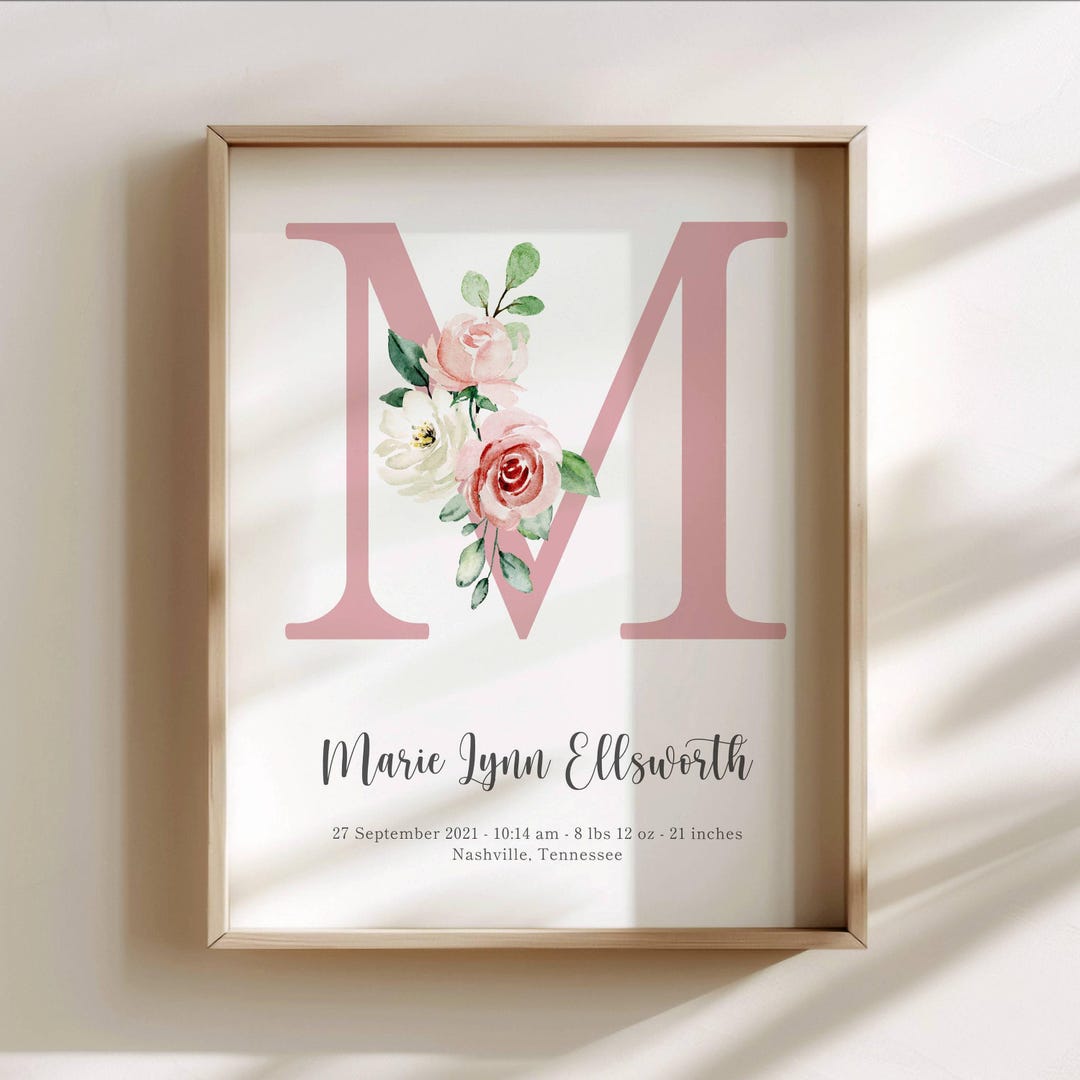 Personalized Pink Blush Floral Initial Nursery Wall Art - Baby Birth ...