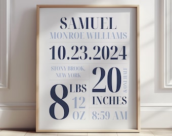 Custom Baby Birth Stat Nursery Wall Art, Personalized Baby Boy Gift, Baby Boy Room Decor, Baby Boy Nursery Decor