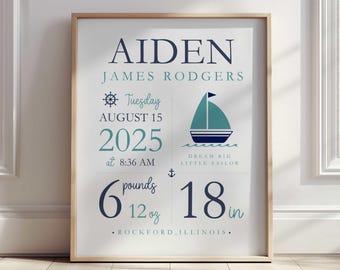 Decoración náutica para habitación infantil con velero, lámina con datos de nacimiento, lámina con detalles de nacimiento, póster del signo zodiacal, lámina de recuerdo de nacimiento, decoración para habitación de bebé niño