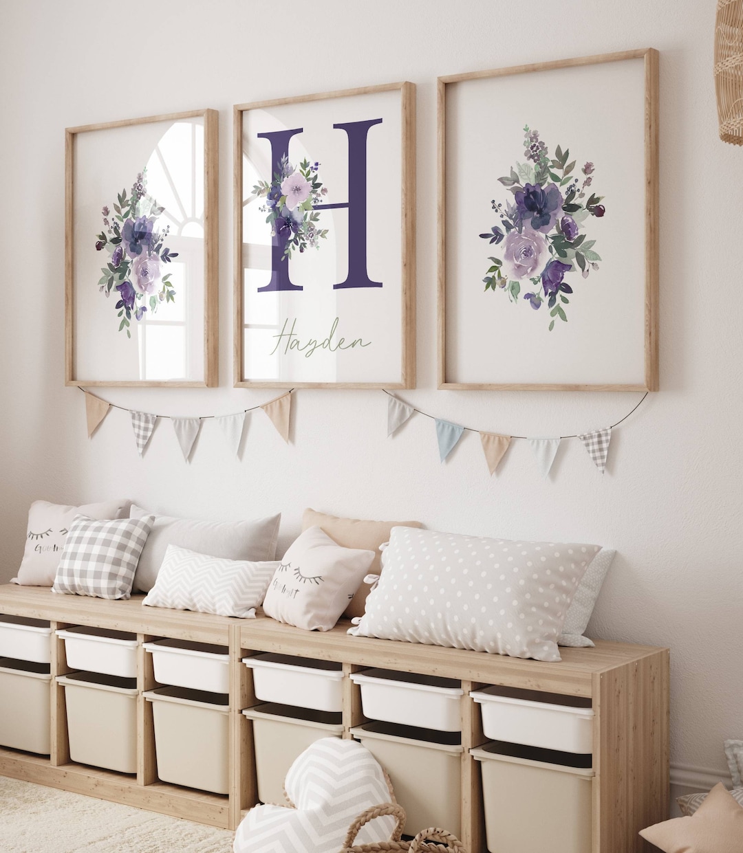 Personalized Purple Floral Nursery Wall Art With Baby Name and Initial ...