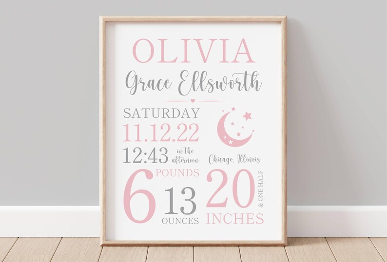 Personalized Moon and Stars Nursery Wall Art Baby Birth Stat Girl Room