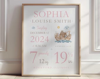 Noahs Ark Nursery Wall Art, Baby Birth Stat, Birth Announcement Print, Bible Verse, Christian Nursery, Noahs Ark Scripture