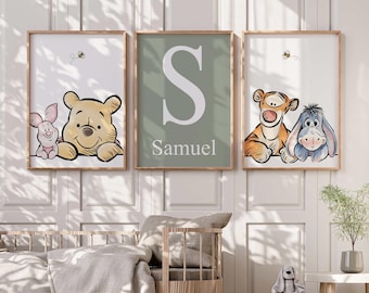 Juego de láminas para habitación infantil de Winnie the Pooh, arte personalizado para la habitación del bebé Pooh, nombre personalizado para el bebé, decoración para la habitación del bebé Pooh, arte de pared del oso Pooh para la habitación del bebé