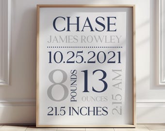 Personalized Baby Birth Stats Nursery Wall Art, Baby Boy Bedroom and Nursery Decor, Nursery Art Print