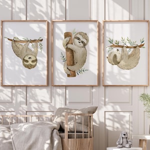 Arte de pared para habitación infantil con perezosos, decoración de habitación infantil con perezosos, láminas de perezosos para habitación infantil, láminas de perezosos para dormitorio infantil (juego de 3) - IMPRIMIBLE