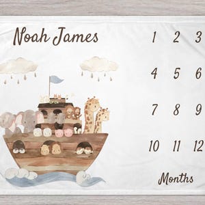NOAHS ARK Baby Monthly Milestone Blanket, Personalized Baby Blanket, Custom Baby Blanket, Baby Name Blanket, Baby Shower Gift