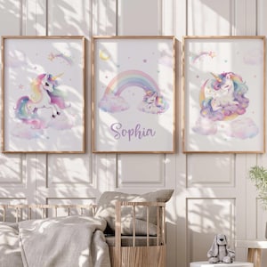 Personalized Unicorn Wall Art Prints, Unicorn Nursery Decor, Girl Bedroom Wall Art, Whimsical Unicorn Posters, Kids Room Decor, Set of 3
