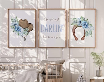 Láminas decorativas de estilo western con estampado floral azul de vaquera - Arte para la habitación de bebé niña - Láminas decorativas para guardería - Decoración para el dormitorio de niñas pequeñas