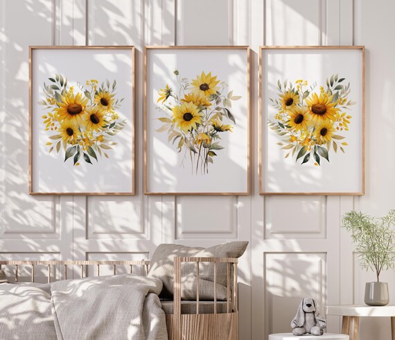 Sunflower Nursery Wall Art Print Set, Baby Girl Sunflower Nursery
