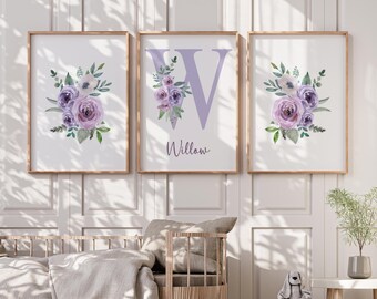Personalized Purple Floral Baby Girls Nursery Bedroom Wall Art Decor, Custom Letter Initial Baby Name Wall Art Prints