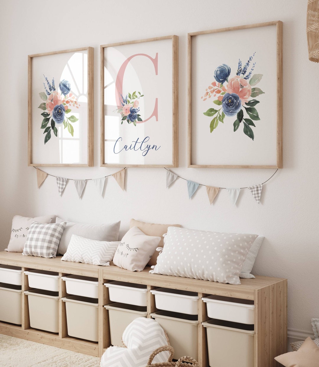 Navy Peach Floral Nursery Name Initial Print Personalized Baby Wall Art