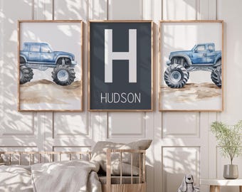 Personalized Blue Navy Monster Truck Nursery Wall Art - Kids Room Decor - Boys Bedroom Print
