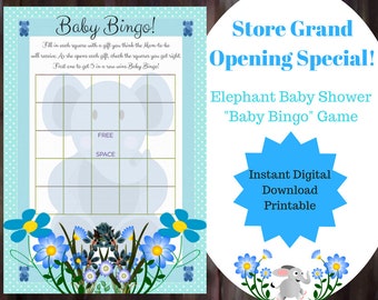 Baby Bingo Blue Elephant Game, Baby Bingo, Elephant Baby Shower