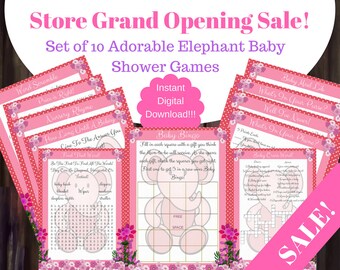 May include: A set of 10 printable baby shower game cards featuring a pink and white color scheme with floral accents and elephant illustrations. The cards include titles like Baby Bingo, Word Scramble, and Baby Cross Word with text instructions.